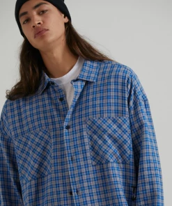 Afends Mens Porcelain - Hemp Check Long Sleeve Shirt - Electric Blue Clothing
