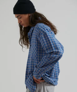 Afends Mens Porcelain - Hemp Check Long Sleeve Shirt - Electric Blue Clothing