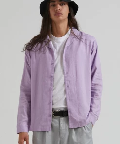 Afends Mens Critical - Hemp Cuban Long Sleeve Shirt - Orchid