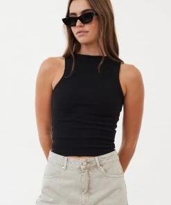 Afends Womens Peony - Hemp Ribbed High Neck Tank - Black RIBBED STAPLES