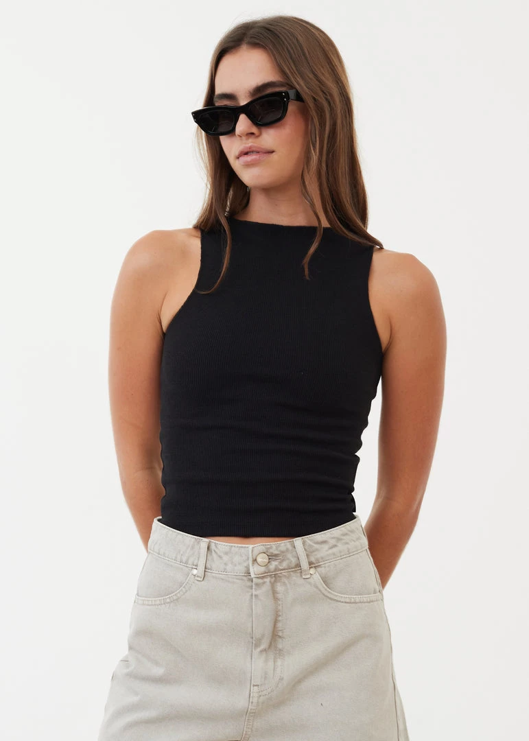 Afends Womens Peony - Hemp Ribbed High Neck Tank - Black RIBBED STAPLES 1 Afends Womens Peony - Hemp Ribbed High Neck Tank - Black RIBBED STAPLES