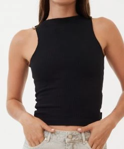 Afends Womens Peony - Hemp Ribbed High Neck Tank - Black RIBBED STAPLES