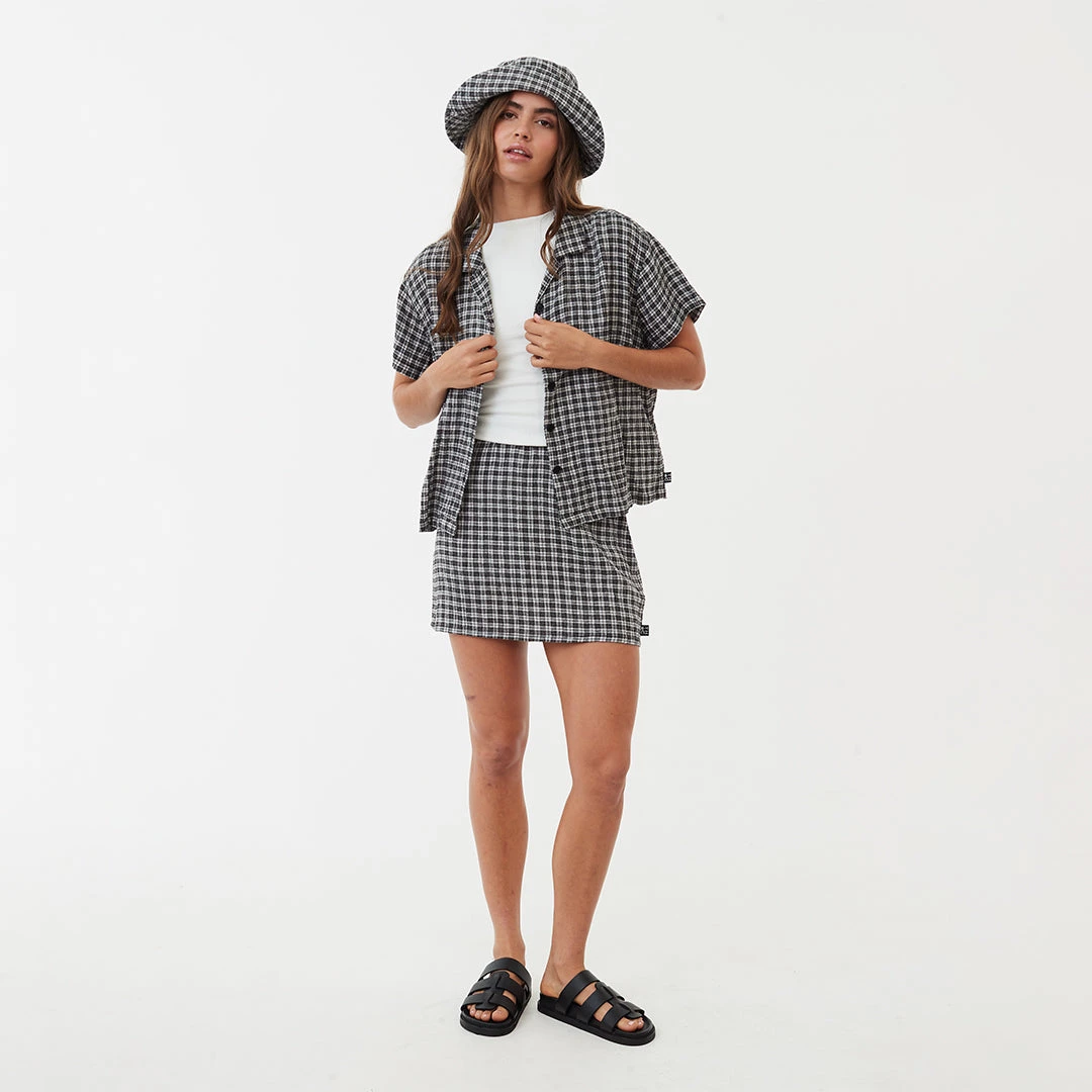 NEW ARRIVALS Afends Womens Asta - Hemp Seersucker Check Shirt - Steel 8 NEW ARRIVALS Afends Womens Asta - Hemp Seersucker Check Shirt - Steel