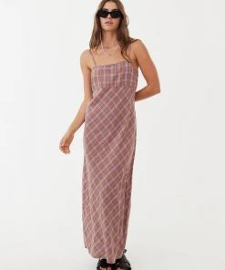 Afends Womens Colby - Hemp Check Maxi Dress - Plum Clothing