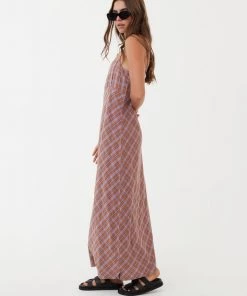 Afends Womens Colby - Hemp Check Maxi Dress - Plum Clothing