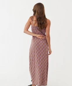 Afends Womens Colby - Hemp Check Maxi Dress - Plum Clothing