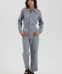 Afends Womens Shelby - Hemp Canvas Long Sleeve Jumpsuit - Shadow SALE