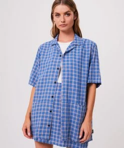 Clothing Afends Unisex Porcelain - Unisex Hemp Check Short Sleeve Shirt - Electric Blue