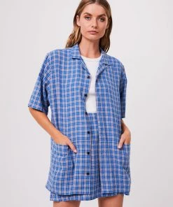 Clothing Afends Unisex Porcelain - Unisex Hemp Check Short Sleeve Shirt - Electric Blue