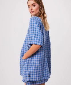 Clothing Afends Unisex Porcelain - Unisex Hemp Check Short Sleeve Shirt - Electric Blue