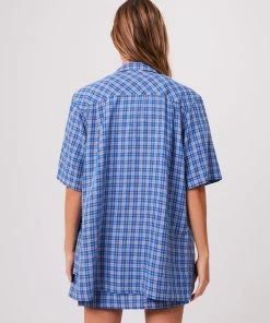 Clothing Afends Unisex Porcelain - Unisex Hemp Check Short Sleeve Shirt - Electric Blue