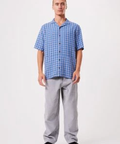 Clothing Afends Unisex Porcelain - Unisex Hemp Check Short Sleeve Shirt - Electric Blue
