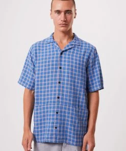 Clothing Afends Unisex Porcelain - Unisex Hemp Check Short Sleeve Shirt - Electric Blue