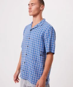 Clothing Afends Unisex Porcelain - Unisex Hemp Check Short Sleeve Shirt - Electric Blue