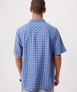 Clothing Afends Unisex Porcelain - Unisex Hemp Check Short Sleeve Shirt - Electric Blue