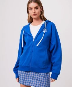 Afends Unisex Rolled Up - Unisex Hemp Zip Up Hoodie - Electric Blue Clothing