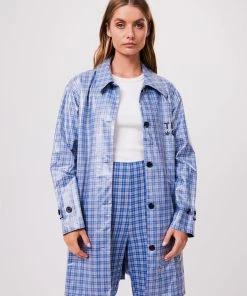 Clothing Afends Unisex Porcelain - Unisex Hemp Check Coated Trench - Electric Blue