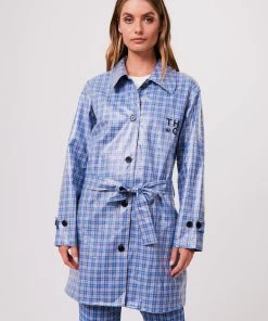 Clothing Afends Unisex Porcelain - Unisex Hemp Check Coated Trench - Electric Blue