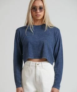 Afends Womens Skylar - Hemp Cropped Long Sleeve Tee - Stone Navy