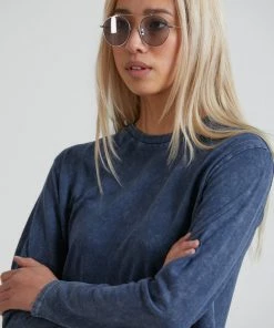 Afends Womens Skylar - Hemp Cropped Long Sleeve Tee - Stone Navy