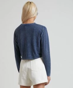Afends Womens Skylar - Hemp Cropped Long Sleeve Tee - Stone Navy