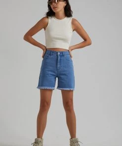 Afends Womens Shelby - Hemp Denim Cut Off Short - Classic Blue