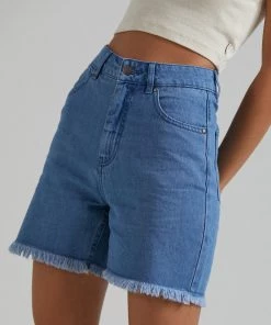 Afends Womens Shelby - Hemp Denim Cut Off Short - Classic Blue