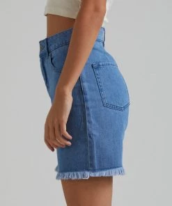 Afends Womens Shelby - Hemp Denim Cut Off Short - Classic Blue