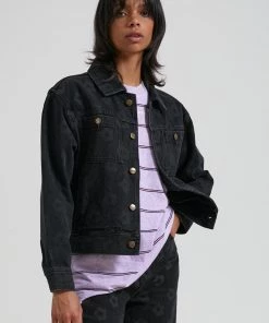 SALE Afends Womens Arlo - Organic Denim Mod Floral Jacket - Washed Black