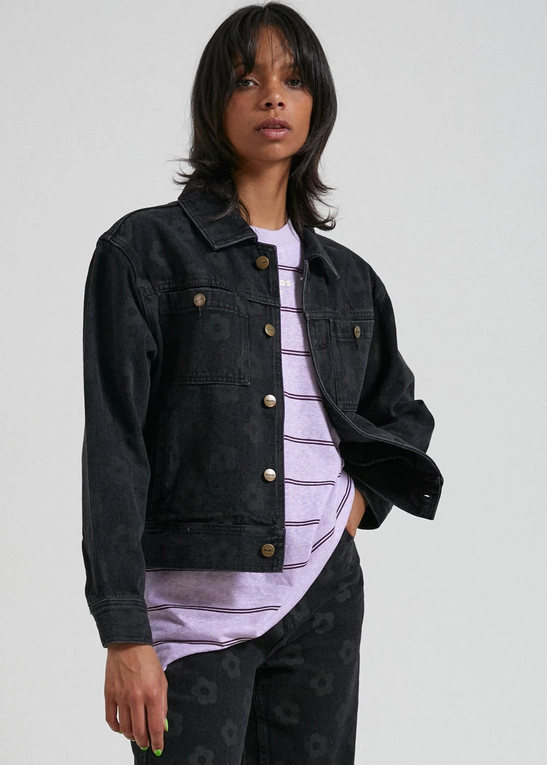 SALE Afends Womens Arlo - Organic Denim Mod Floral Jacket - Washed Black 1 SALE Afends Womens Arlo - Organic Denim Mod Floral Jacket - Washed Black