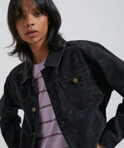 SALE Afends Womens Arlo - Organic Denim Mod Floral Jacket - Washed Black