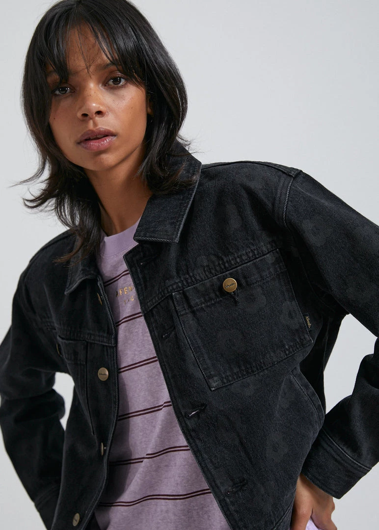 SALE Afends Womens Arlo - Organic Denim Mod Floral Jacket - Washed Black 2 SALE Afends Womens Arlo - Organic Denim Mod Floral Jacket - Washed Black