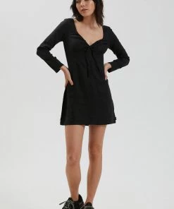 SALE Afends Womens Kinka - Hemp Long Sleeve Mini Dress - Black