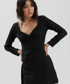 SALE Afends Womens Kinka - Hemp Long Sleeve Mini Dress - Black