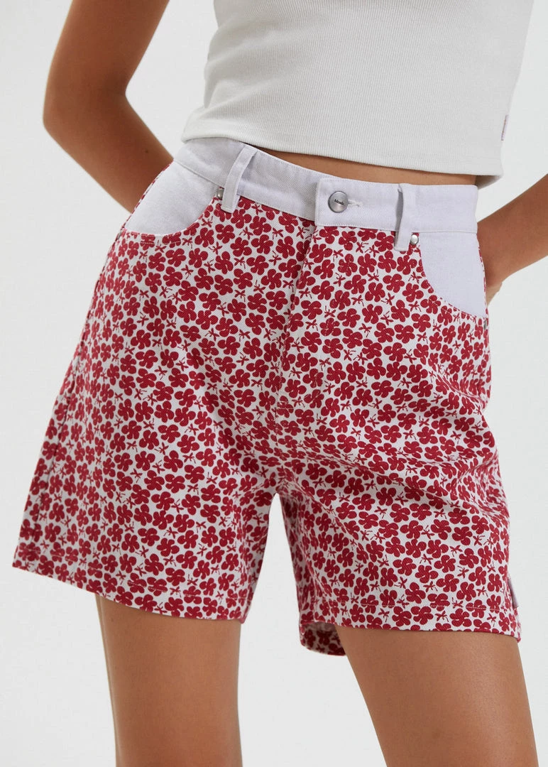 SALE Afends Womens Shelby - Hemp Canvas Floral High Waisted Shorts - Red 2 SALE Afends Womens Shelby - Hemp Canvas Floral High Waisted Shorts - Red