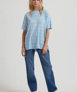 Afends Womens Dixie - Hemp Stripe Oversized T-Shirt - Sky Blue Clothing