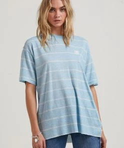 Afends Womens Dixie - Hemp Stripe Oversized T-Shirt - Sky Blue Clothing