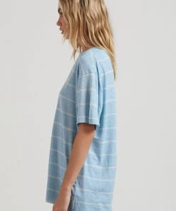 Afends Womens Dixie - Hemp Stripe Oversized T-Shirt - Sky Blue Clothing