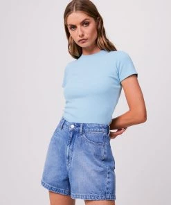 RIBBED STAPLES Afends Womens Replay - Hemp Ribbed T-Shirt - Sky Blue