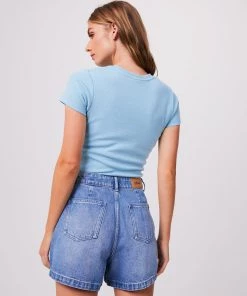 RIBBED STAPLES Afends Womens Replay - Hemp Ribbed T-Shirt - Sky Blue