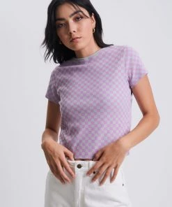 Afends Womens Carlo - Recycled Check Ribbed T-Shirt - Candy Check Clothing
