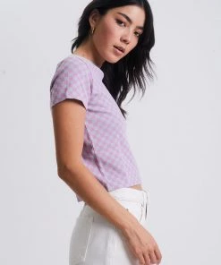 Afends Womens Carlo - Recycled Check Ribbed T-Shirt - Candy Check Clothing