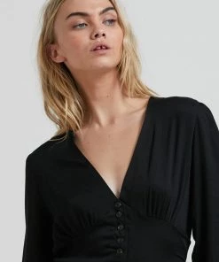 Afends Womens Leni - Recycled Button Up Long Sleeve Top - Black Clothing