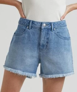 Afends Womens Isabella - Hemp Denim Low Rise Shorts - Worn Blue Clothing