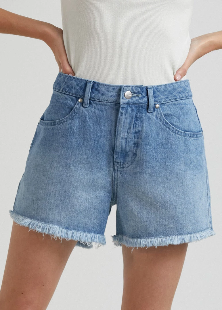 Afends Womens Isabella - Hemp Denim Low Rise Shorts - Worn Blue Clothing 2 Afends Womens Isabella - Hemp Denim Low Rise Shorts - Worn Blue Clothing