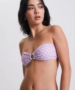 Afends Womens Carlo - Recycled Check Bandeau Bikini Top - Candy Clothing