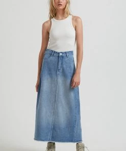 Afends Womens Chichi - Hemp Denim Midi Skirt - Worn Blue