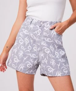 Afends Womens Tribal Seventy Threes - Organic High Waisted Shorts - Silver