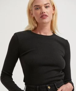Afends Womens Harvey - Hemp Ribbed Long Sleeve Top - Black RIBBED STAPLES