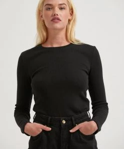 Afends Womens Harvey - Hemp Ribbed Long Sleeve Top - Black RIBBED STAPLES